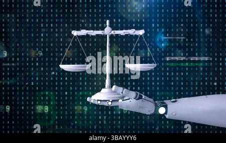 Digital law concept with 3d rendering ai robot hold law scale with graphic display Stock Photo