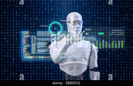 3d rendering humanoid robot or ai cyborg with virtual graphic display 4k footage Stock Photo