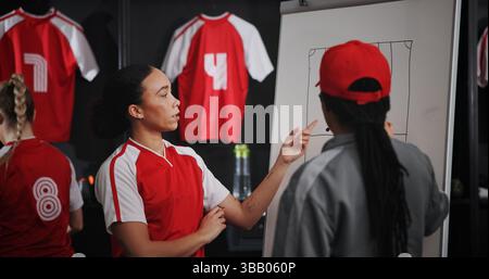 Woman, coach and writing on board for sports planning, game plan and strategy of football formation. Player, mentor and drawing sketch for soccer Stock Photo