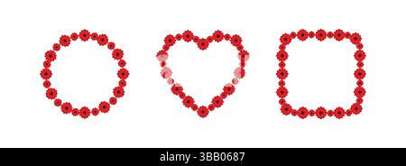 Poppy Frame Shape Set - Circle, Heart, Rectangle Borders, Memorial Day Poppy Border Designs for Remembrance Stock Vector