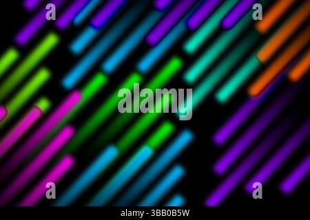 A visually captivating abstract background featuring multicolor neon light streaks arranged diagonally on a sleek black backdrop. The luminous gradien Stock Photo