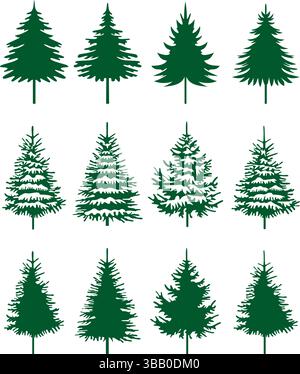 Green Spruce Trees. Winter season design elements and simply pictogram. Set Isolated vector Christmas Tree Icons and Illustration. Stock Vector