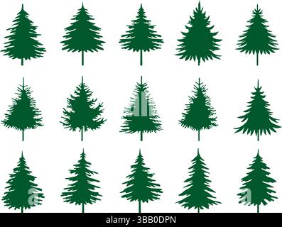 Green Spruce Trees. Winter season design elements and simply pictogram. Set Isolated vector Christmas Tree Icons and Illustration. Stock Vector
