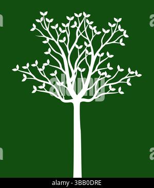 White Tree with Leaves on green background. Vector outline Illustration. Plant in Garden. Stock Vector