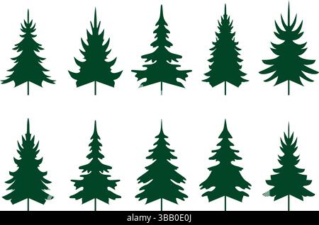 Green Spruce Trees. Winter season design elements and simply pictogram. Set Isolated vector Christmas Tree Icons and Illustration. Stock Vector
