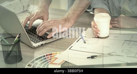 Architects working on new construction project and using laptop, geometric pattern Stock Photo
