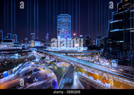 Smart digital city with connection network reciprocity over the cityscape . Concept of future smart wireless digital city and social media networking Stock Photo