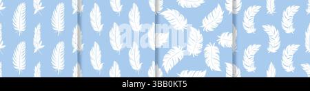 Light airy hovering feathers on a soft blue background. Set of seamless patterns with silhouette white feathers. Vector graphics Stock Vector