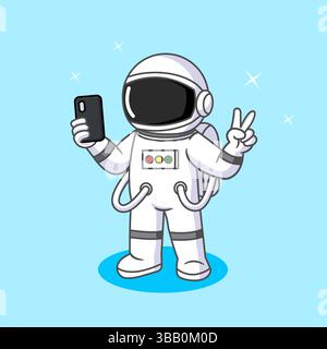 Cute Astronaut taking a selfie in space with a peace sign Vector Illustration Cartoon Design Stock Vector