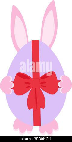 Adorable Easter Bunny hiding Colored Easter Egg Sticker Icon Easter Greeting design element concept cheerful greetings. Isolated Vector illustration vibrant springtime themed designs and artwork, tag Stock Vector