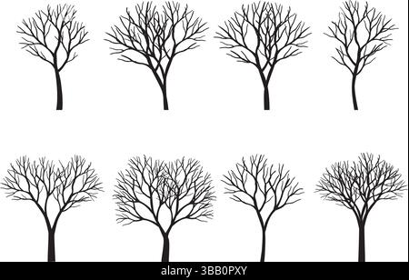 Set of black Trees. Vector outline Illustration. Stock Vector