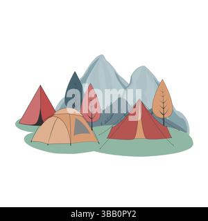 Camping isolated illustration. Group of tents in the forest near the mountains. Adventure vector drawing Stock Vector