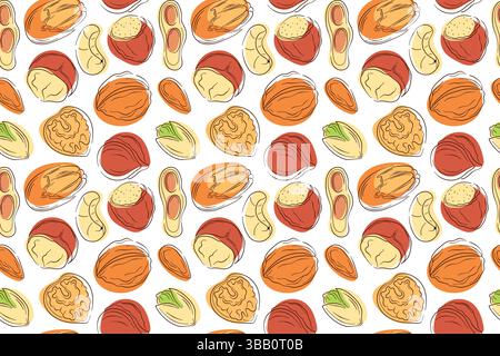 Seamless pattern of hand drawn nuts peanut, walnut, almond, pistachio, cashew, macadamia, pecan and hazelnut in flat style on white background Stock Vector