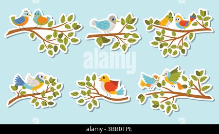 Sticker collection featuring colorful birds sitting on branches in flat cartoon style. Bright and cheerful design perfect for kids, crafts, nature the Stock Vector