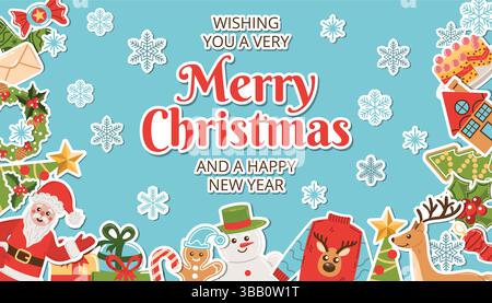 Christmas holiday greeting poster with cheerful congratulations, decorated with festive stickers and snowflakes. Features playful seasonal icons like Stock Vector