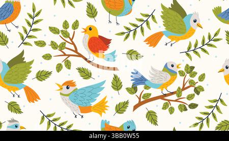 Seamless pattern with colorful birds flying and sitting on branches in flat cartoon style. Cheerful and lively design perfect for kids' products, text Stock Vector