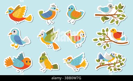 Set of colorful cartoon stickers with birds in flat style, featuring various species with bright feathers. Stickers of flying birds and birds sitting Stock Vector