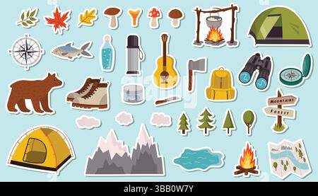 Cartoon stickers set for summer camping in flat style. Includes playful outdoor elements like tents, fires, backpacks, and trees. Perfect for kids, pl Stock Vector