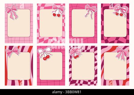 Set of groovy note frames decorated with charming bows and cherries in trendy coquette style. Feminine, cute, and playful design ideal for planners, j Stock Vector