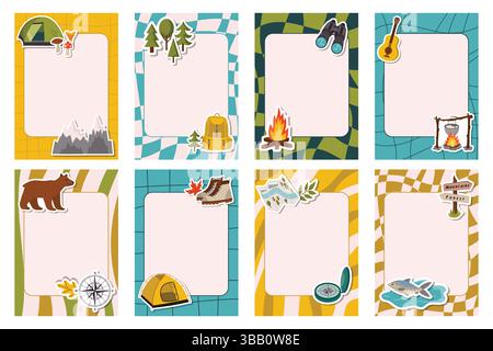Set of groovy note frames decorated with fun camping-themed stickers. Includes playful outdoor elements like tents, trees, fires, and backpacks. Perfe Stock Vector