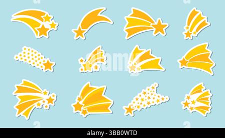 Set of falling stars stickers in flat cartoon style. Bright and cosmic elements with glowing trails and dreamy details, ideal for planners, scrapbooki Stock Vector