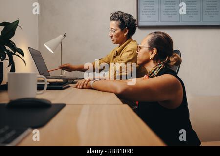 Colleagues collaborating on a project, with one person explaining the scope using a laptop, emphasizing teamwork and communication in a professional o Stock Photo