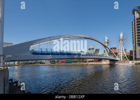 The lift bridge across Ontario basin  at Salford Quays the former Pomona docks at the Manchester end of the Manchester ship canal. Stock Photo