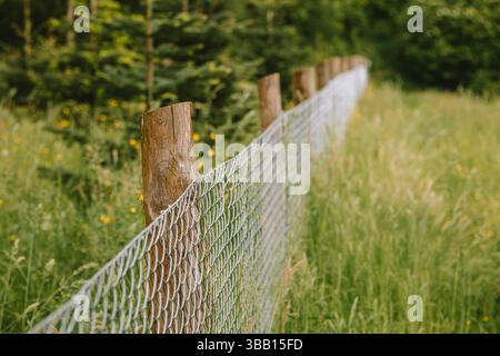 Modern wire mesh fence with wooden post standing in deep white snow ...