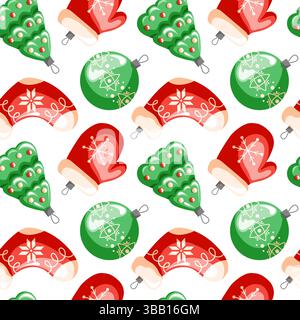 Christmas tree toys seamless pattern in cartoon style. Christmas sock, tree, mitten and balls decoration. New year wallpaper and background design. Stock Vector