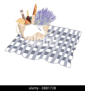 Rolled out checkered plaid with a picnic basket isolated illustration. Picnic blanket, vector design element. Stock Vector