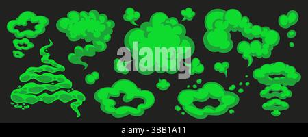 Cartoon green gas cloud and stink smoke vector in various puffy, smelly shapes on dark background. Stink cloud and gas smoke cartoon style. Perfect Stock Vector