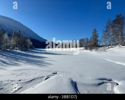 Winter landscape featuring a snowy valley with mountains and lush trees in the distance in north Sweden. Stock Photo