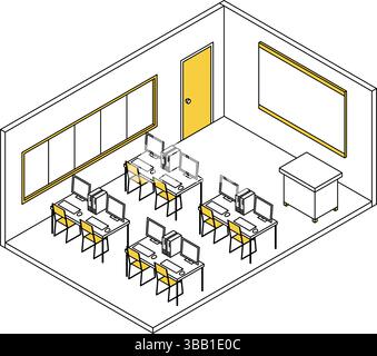 Simple and cute isometric line drawing illustration of a school computer lab lined with computers, Vector Illustration Stock Vector
