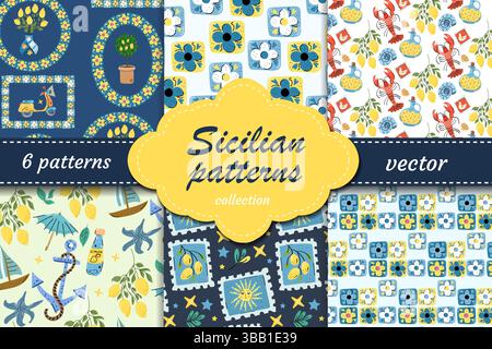 Bright Sicilian vector patterns with lemons, flowers, scooter and marine details. Perfect for summer packaging, fabric design and Mediterranean prints Stock Vector