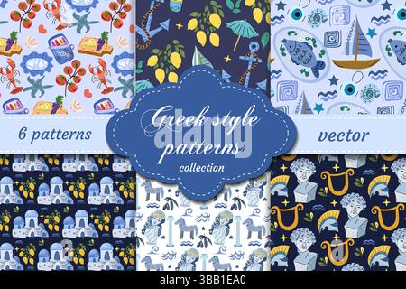 Greek style seamless vector patterns with mythological elements, seafood, lemon trees and Mediterranean vibes. Perfect for travel-themed prints and Stock Vector