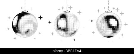 Disco Ball Halftone Party Set. Dance music collage with glowing stars on white background in retro pop art style. Vector club dj retro vintage mirror Stock Vector