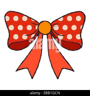 Cute Red Bow in Hand Drawn Retro Style with Polka Dot Pattern Isolated on White Background. Vintage ribbon. Cute funny bowknot perfect for Holiday Stock Vector