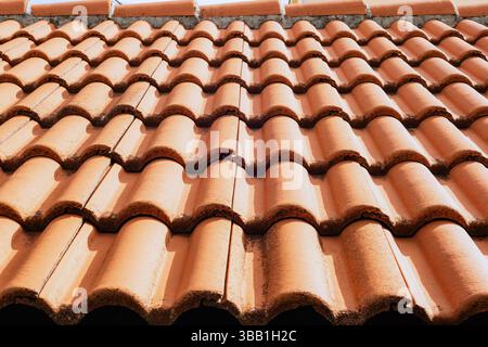 Terracotta roof with textured ceramic tiles in sunlight. Texture, background. Stock Photo