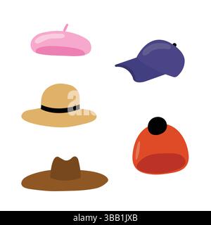 Set of flat vector illustrations with five different colors fashion hats Stock Vector