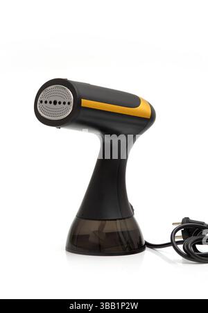 Modern handheld garment steamer on white background, compact and portable, ideal for travel and home fabric care. Stock Photo