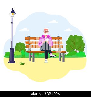 Vector illustration Retirement leisure. Elderly man sitting on bench in park. Old people outdoors activity. Retired people pastime and healthy lifesty Stock Vector