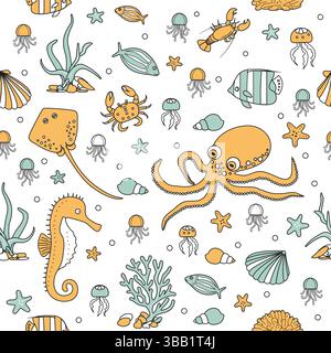 Vector seamless pattern Illustration Seaweed Coral Fish Stingray Seahorse Jellyfish Seashell Crab Octopus Underwater world of ocean sea bottom Seabed Stock Vector