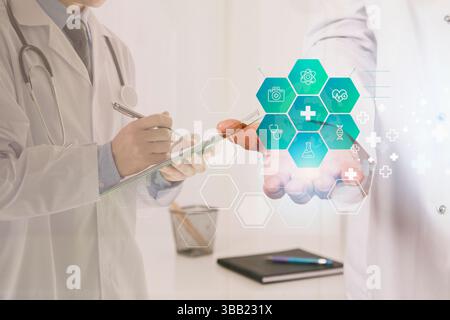 Doctors Interacting with Digital Healthcare Interface Stock Photo