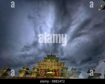 May 14, 2025: Rain clouds hover the sky above the Taleju temple at Hanumandhoka Durbar Square in Kathmandu, Nepal on May 14, 2024. Bishnu Adhikari, a woman of 80 years old from Kavrepalanchowk district lost her life in the fire caused by the gas leak early Wednesday morning, used to keep Nanglo shop below the Taleju temple. (Credit Image: © Sunil Sharma/ZUMA Press Wire) EDITORIAL USAGE ONLY! Not for Commercial USAGE! Stock Photo