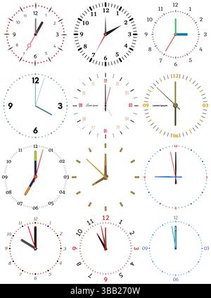 A set of different mechanical clocks with an image of each of the twelve hours. Clock face on white background. Stock Vector