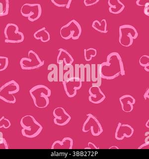 Seamless pattern with hand drawn hearts. Doodle grunge pink hearts on pink background. Vector illustration. Stock Vector