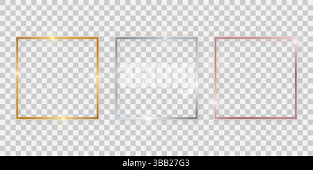 Square shiny frames with glowing effects. Set of three gold, silver and rose gold square frames with shadows on transparent background. Vector illustr Stock Vector