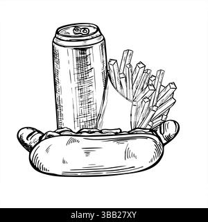 Vector frankfurter in bun with sausage, French fries in paper package and metal beverage can black ink illustration. Classic sausage sandwich, hot dog Stock Vector