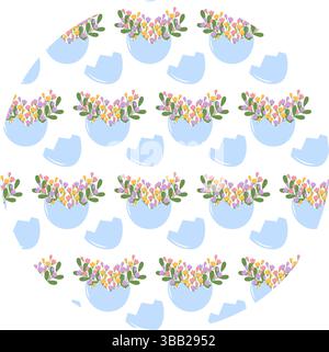 Cracked eggshell with colorful floral bouquet inside Seamless Pattern on Circle Transparent Backdrop. Isolated Vector illustration Thematic Cards Background Wrapping Wallpaper or promo banner, leaflet Stock Vector