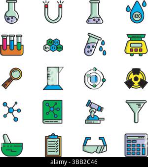 Chemistry Icons Set – Lab Equipment, Molecules, Experiments, and Scientific Symbols Stock Vector
